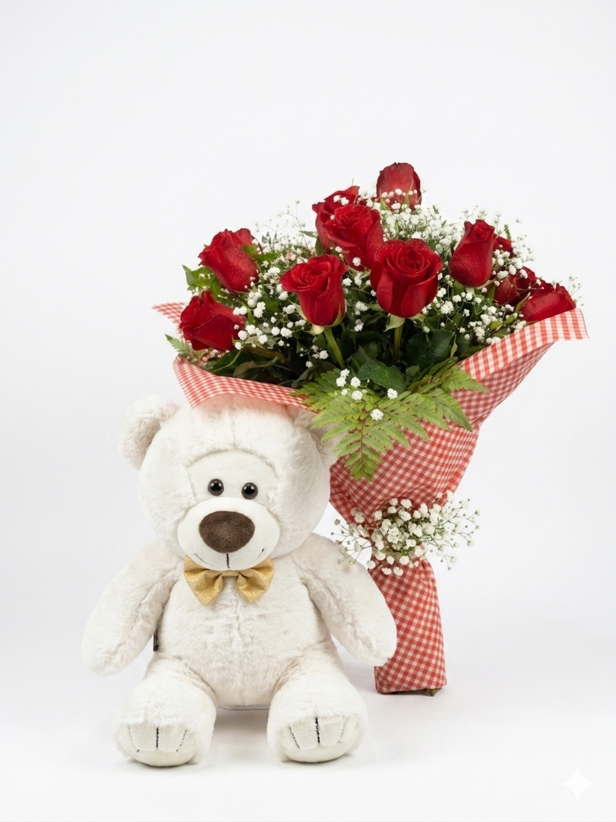 Ramo de rosas con peluche